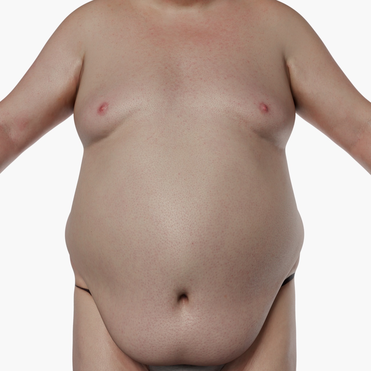 Zoomed render of a heavy-set male torso 3D scan showing soft midsection, skin fold detail and high-resolution surface texture